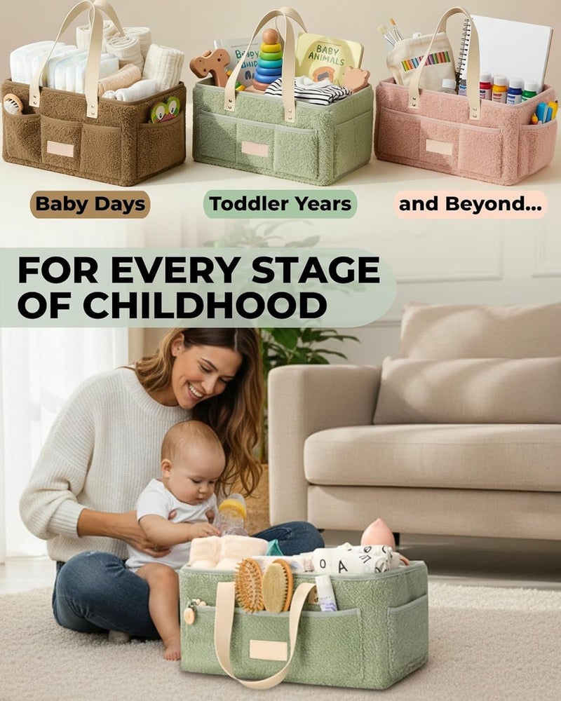 Toodly Baby Diaper Caddy Organizer with Portable Changing Mat - Teddy Fleece Diaper Organizer for Changing Table - Basket for Changing Essentials - Baby Essentials Organizer with Removable Dividers - Image 5